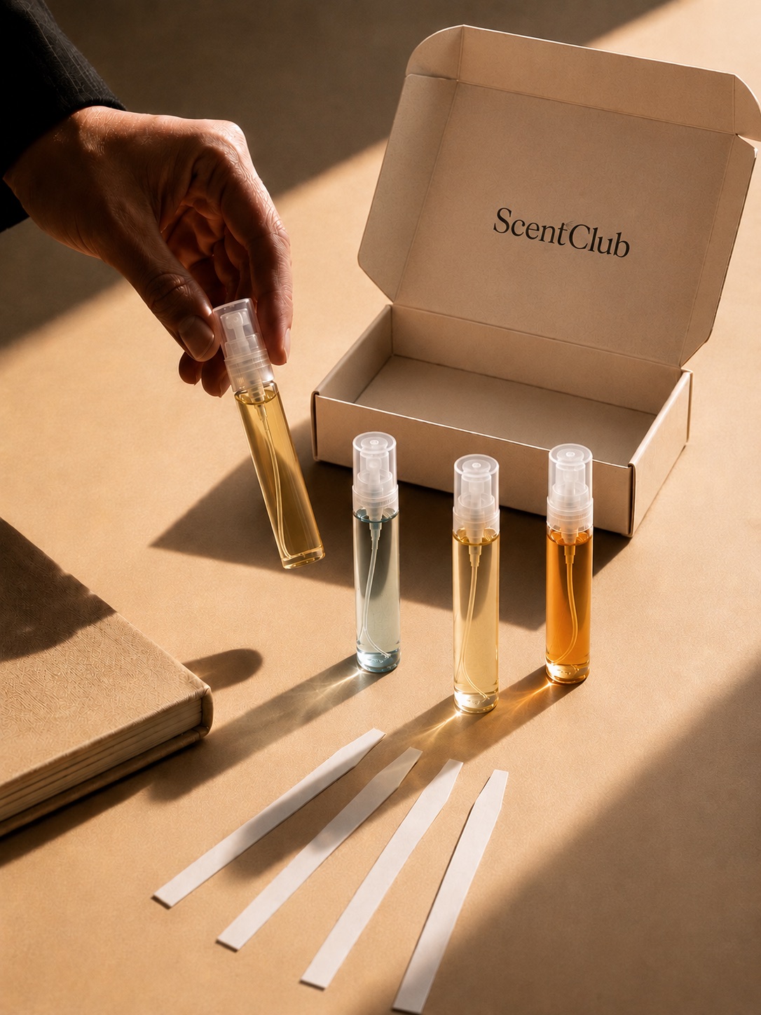 Mano eligiendo un decant Scent2Go junto a una caja ScentClub abierta, cuatro decants de 5ml y blotters; comunica exploración amplia y curada.