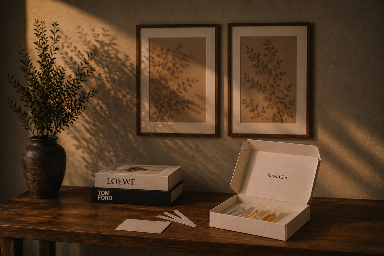 Escena editorial cálida con caja ScentClub, tres decants Scent2Go de 5ml, blotters y objetos de perfumería; comunica ritual mensual, variedad y curaduría.
